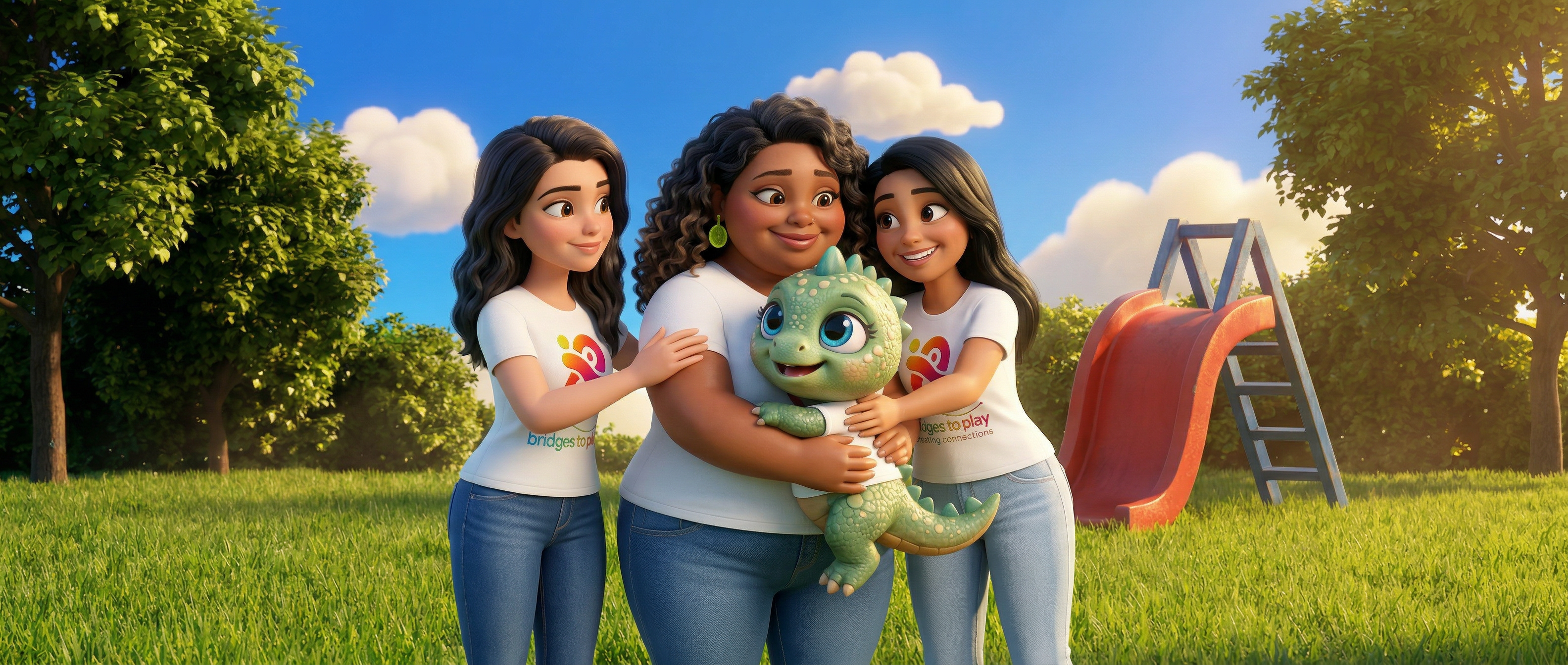 Three animated characters in a park with trees and a slide in the background