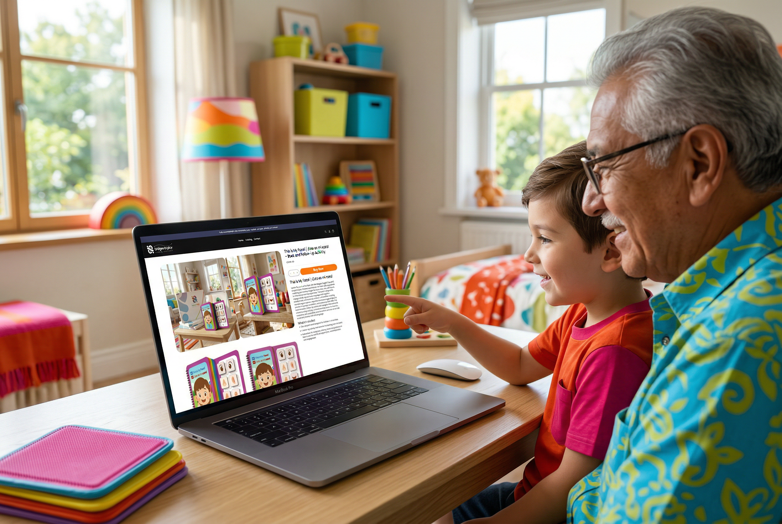 Grandfather and grandson using a laptop together in a home setting