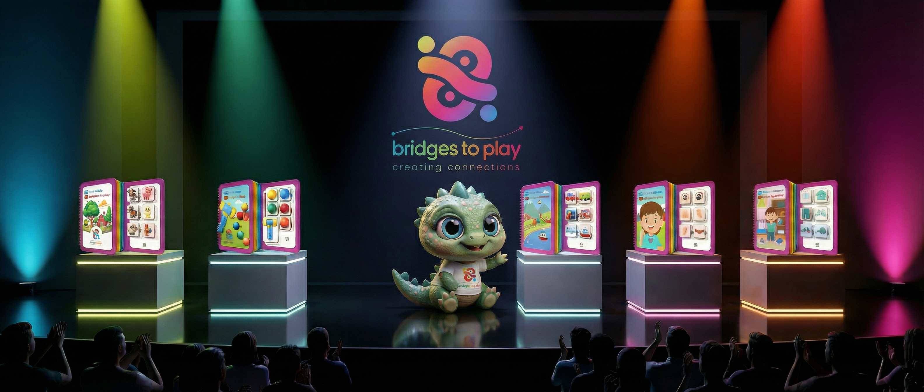 Stage with 'Bridges to Play' branding and colorful screens, featuring a dinosaur-like character.