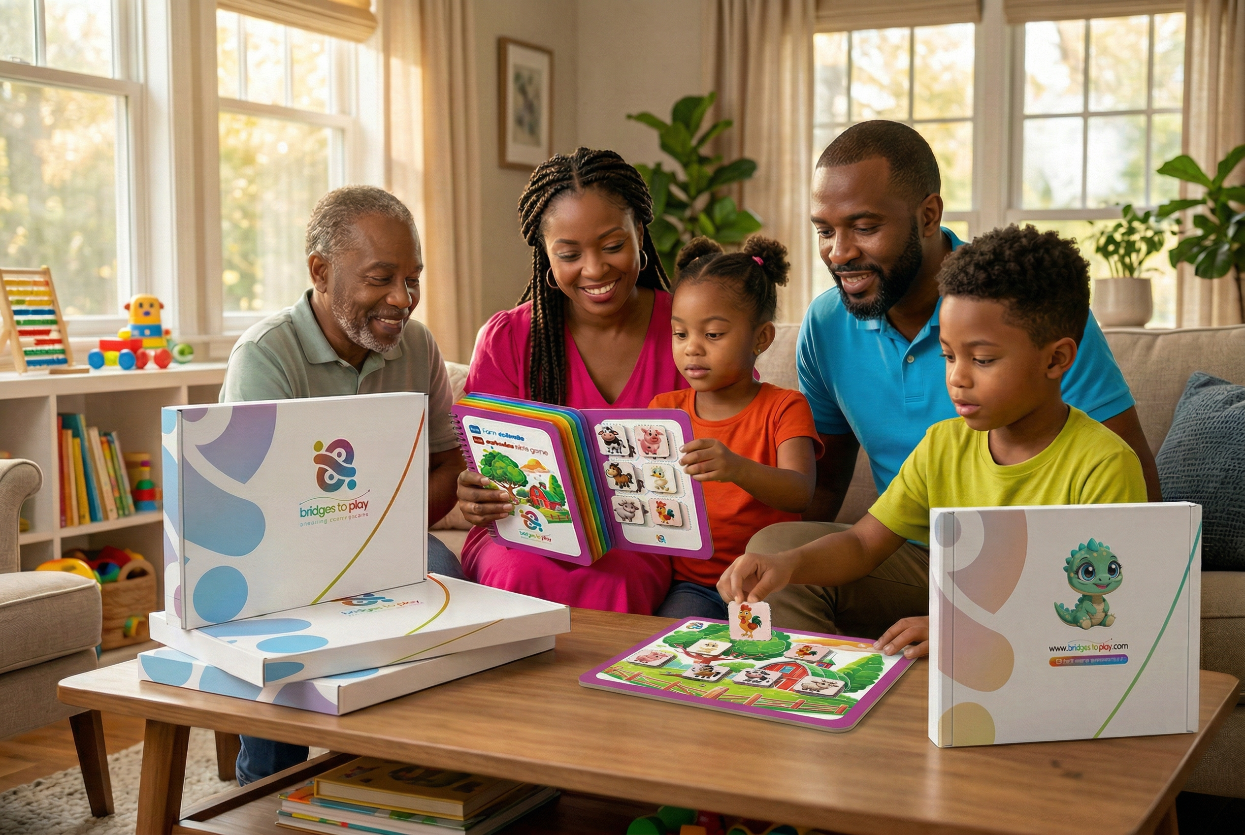 Family of four with children using educational books and devices in a living room.