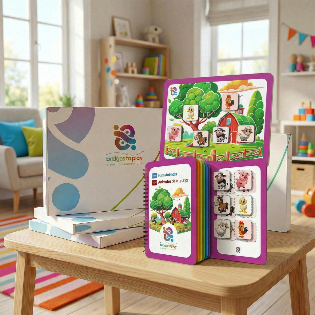 Educational children's books on a table in a bright room with toys and furniture.