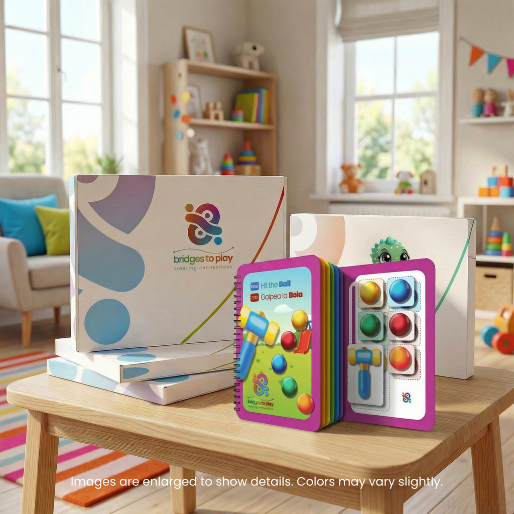 Colorful educational toy book on a table with 'bridges to play' branding in a bright room.