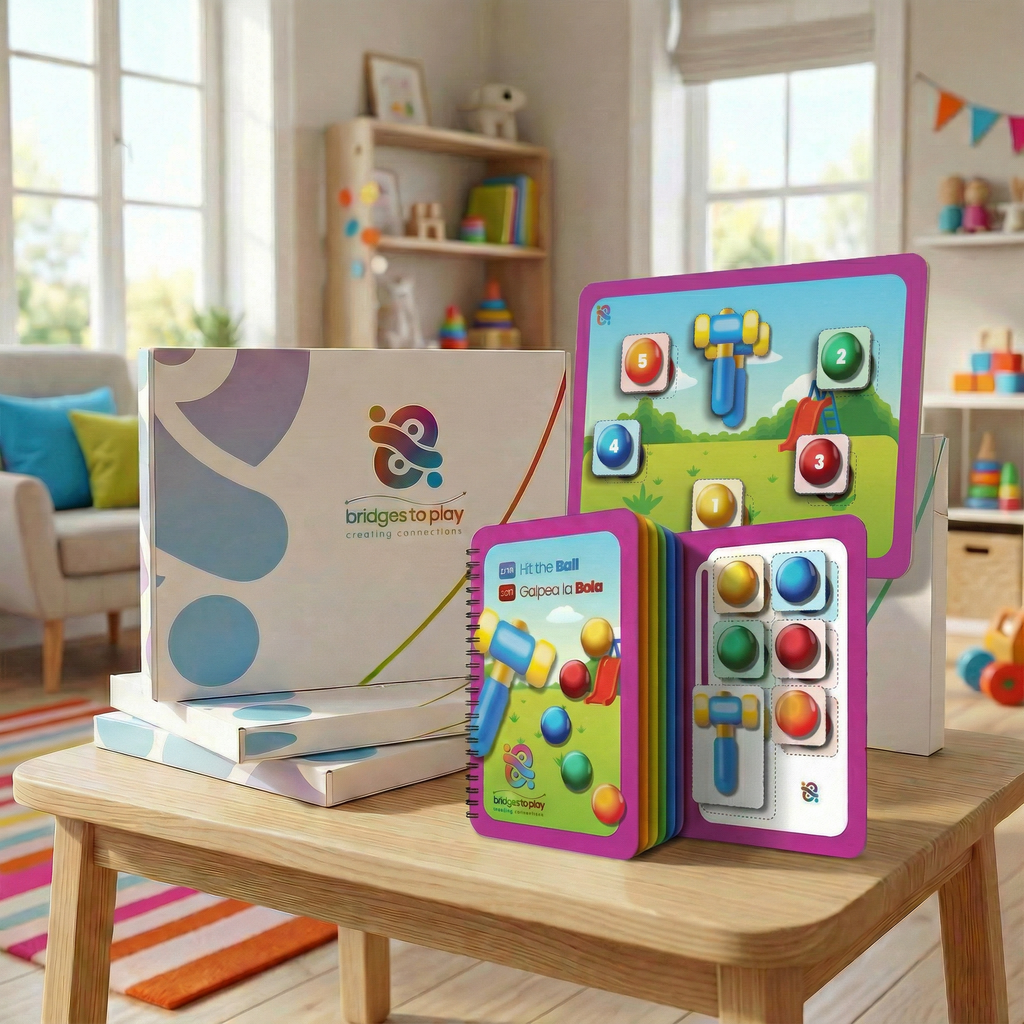 Colorful educational toys on a table in a bright room with shelves and toys in the background