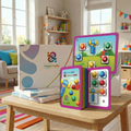 Colorful educational toys on a table in a bright room with shelves and toys in the background
