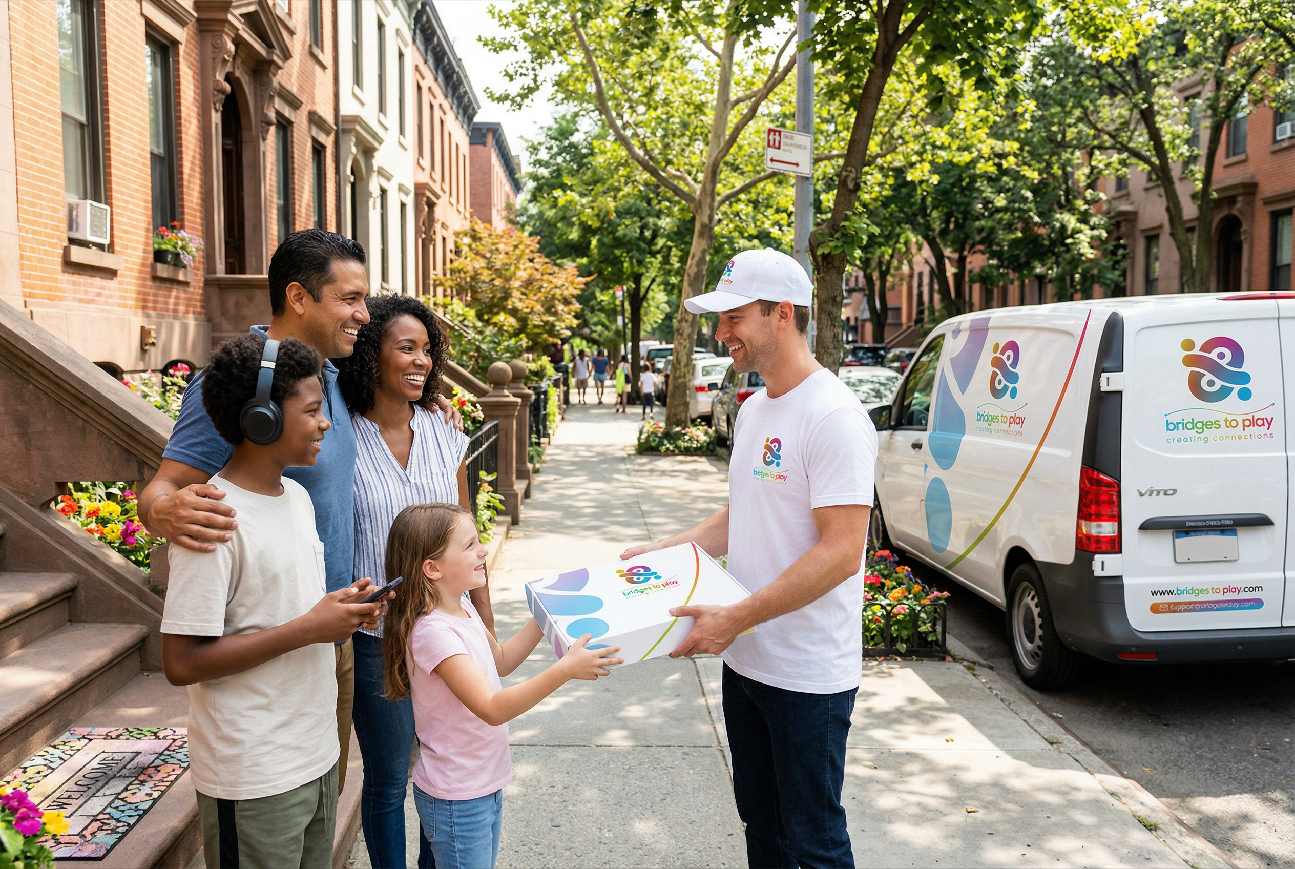 Person handing a box to a family on a sidewalk with a van in the background