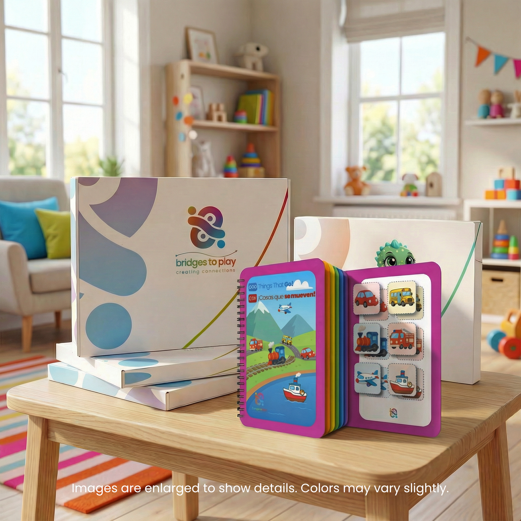 Children's educational books on a table in a bright, playroom setting