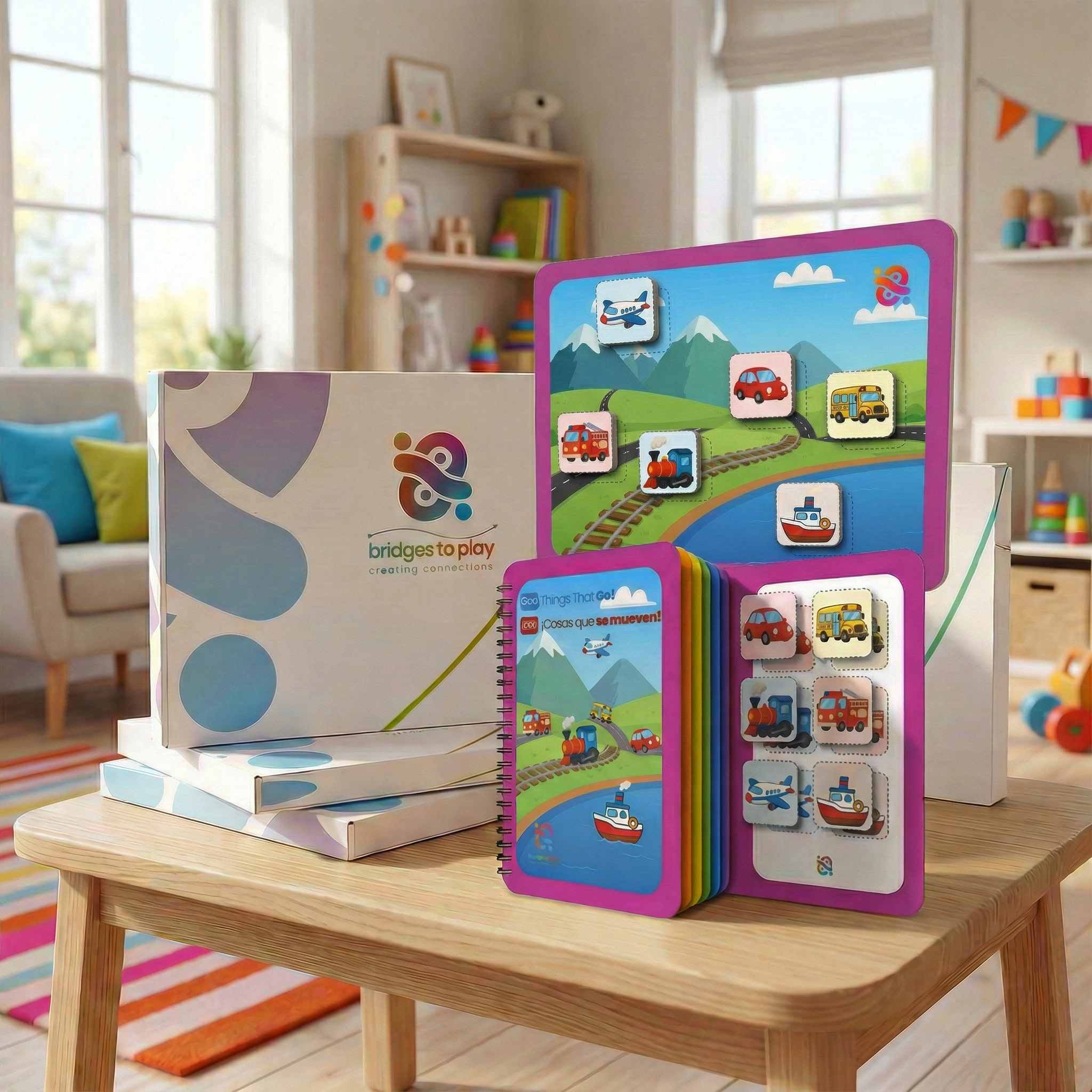 Educational children's books on a table with colorful covers in a bright room.