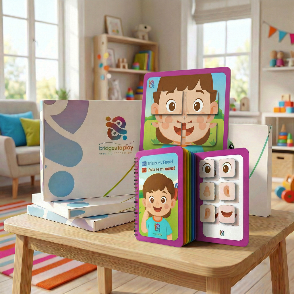 Children's educational books on a table in a bright room with toys and furniture.