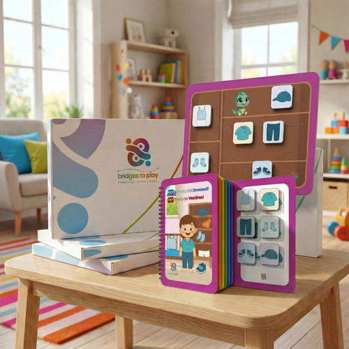 Educational children's books on a table with a colorful room in the background
