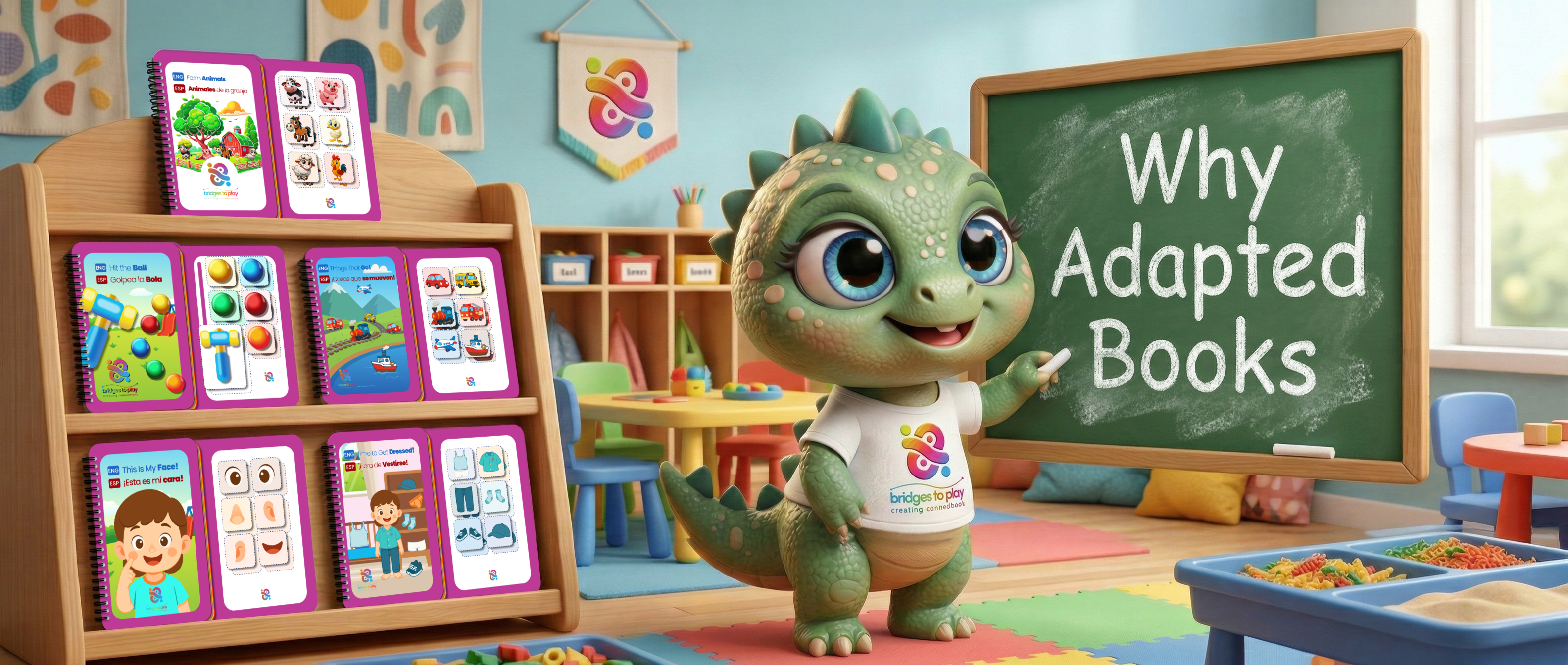 Dinosaur-like character in a classroom setting with educational books and a chalkboard.